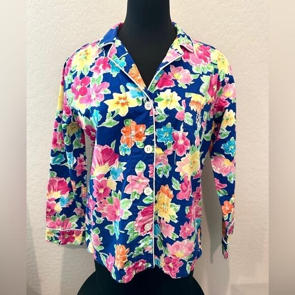 RALPH LAUREN | Navy Floral Pajama Top Embroidered Monogram | Size Medium - Picture 3 of 7